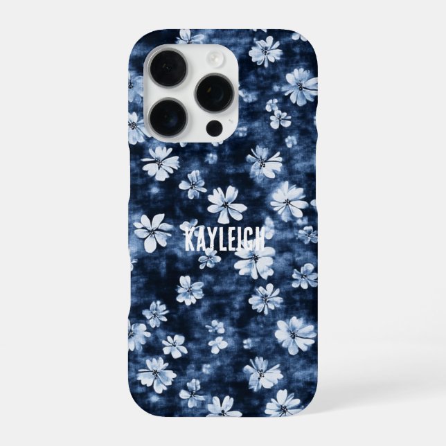 Denimblaue Blumen iPhone 16 Pro Hülle (Rückseite)