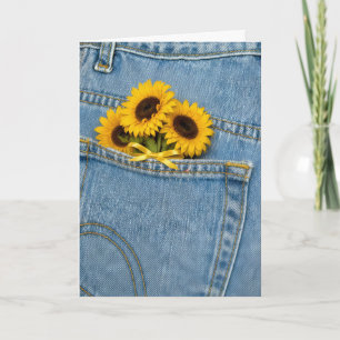 Denk an Dich Sonnenblumen in blauer Jeanstasche Karte