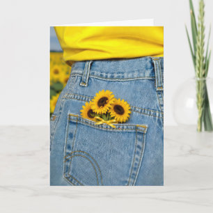 Denk an Dich Sonnenblumen in einer blauen Jeanstas Karte