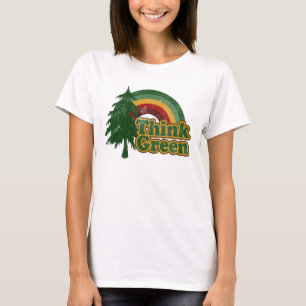 Denke grün, Retro-Regenbogen und Baum T-Shirt