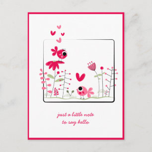Denken an Dich Rosa Whimsical Rosa Vögel Blumen Postkarte