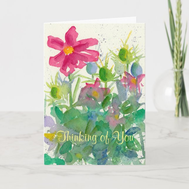 Denken an Sie Rosa-Kosmos Nigella Aquarell Karte (Vorderseite)