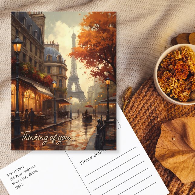 Denken Sie an Paris im regnerischen Fall Stadt Sze Postkarte (Thinking of you Paris in rainy fall city scene Postcard)