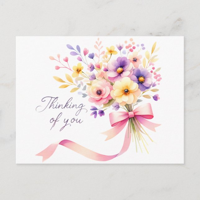"Denken Sie an Sie" Blumenstrauß Pink Ribbon Postkarte (Vorderseite)