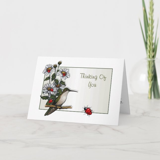 Denken Sie an Sie: Hummingbird, Daisies, Ladybugs Karte (Vorderseite)