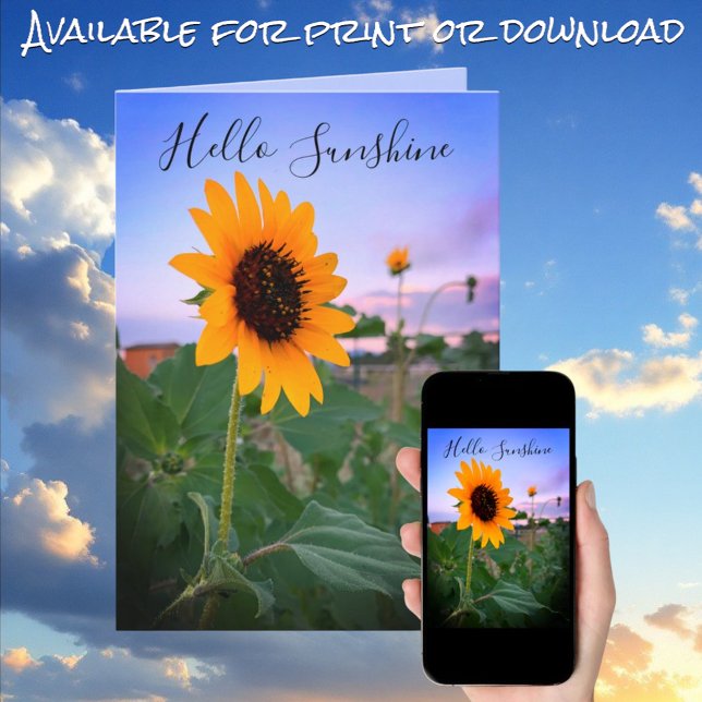 Denken Sie an Sonnenblumen im Sunset Foto Custom Karte (Greeting card print and download cover view)