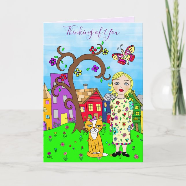 Denken Sie an Whimsical Lady and Cat Friendship Karte (Vorderseite)