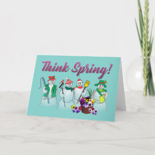 Denken Sie Frühling mit Schneemännern und Stiefmüt Karte
