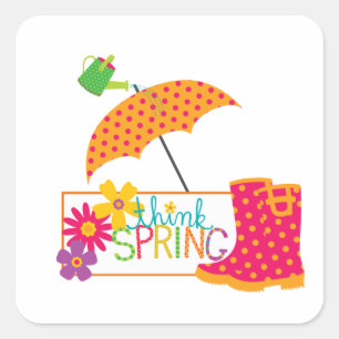 Denken Sie Frühlings-Galoschen-Blumen-Regenschirm Quadratischer Aufkleber