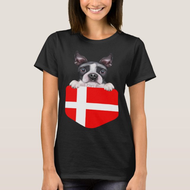 Denmark Flag Boston Terrier Dog In Pocket T-Shirt (Vorderseite)