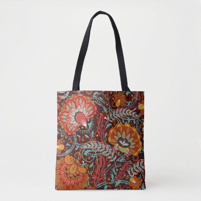 Dense blumengeschmückte Hand zeichnete Fantasy-Blu Tasche (Vorderseite)