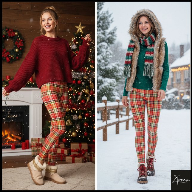 Dense Orange Red Festive Tartan Plaid Leggings (Von Creator hochgeladen)