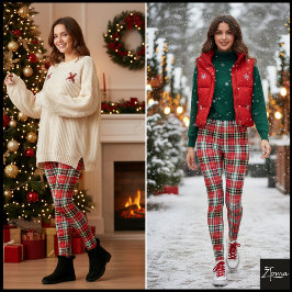 Dense Red Green Holiday Plaid Texture Leggings
