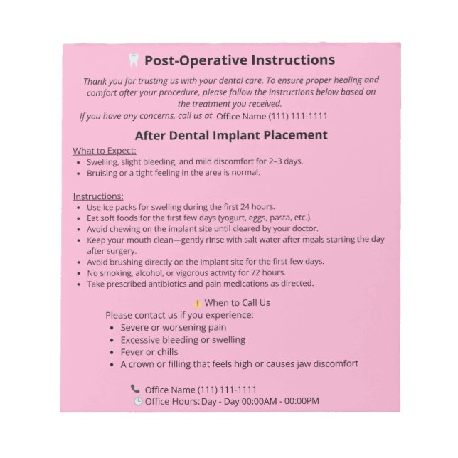  Dental Post Op Instructions Notepad (Implant) Notizblock (Vorderseite)