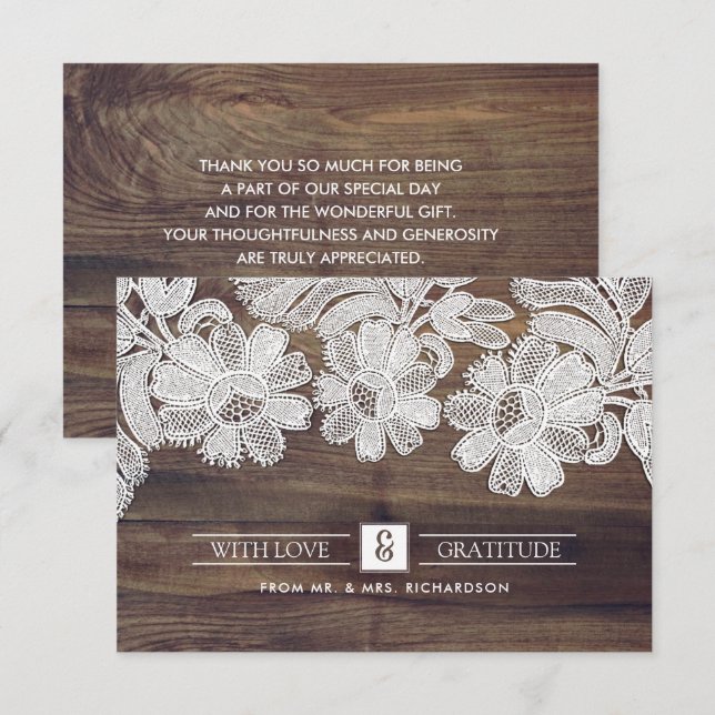 Dentelle blanche | Barn Wood Mariage Merci Cartes (Devant / Derrière)