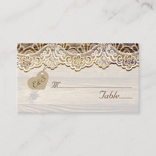 Dentelle blanche & coeur sur bois mariage carte pl (Devant)