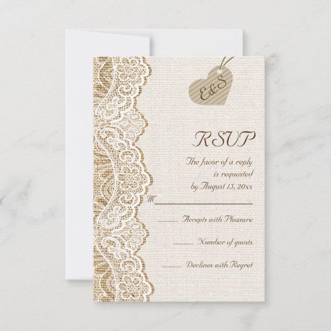 Dentelle blanche et coeur sur burap mariage RSVP (Devant)
