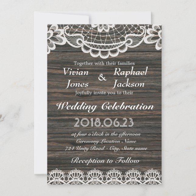 Dentelle blanche et Faire-part de mariage en bois  (Devant)