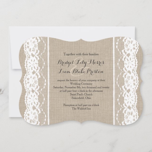 Dentelle blanche sur Burlap Faire-part de mariage  (Devant)