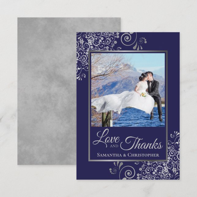 Dentelle d'argent sur le bleu marine Amour & Merci (Devant / Derrière)