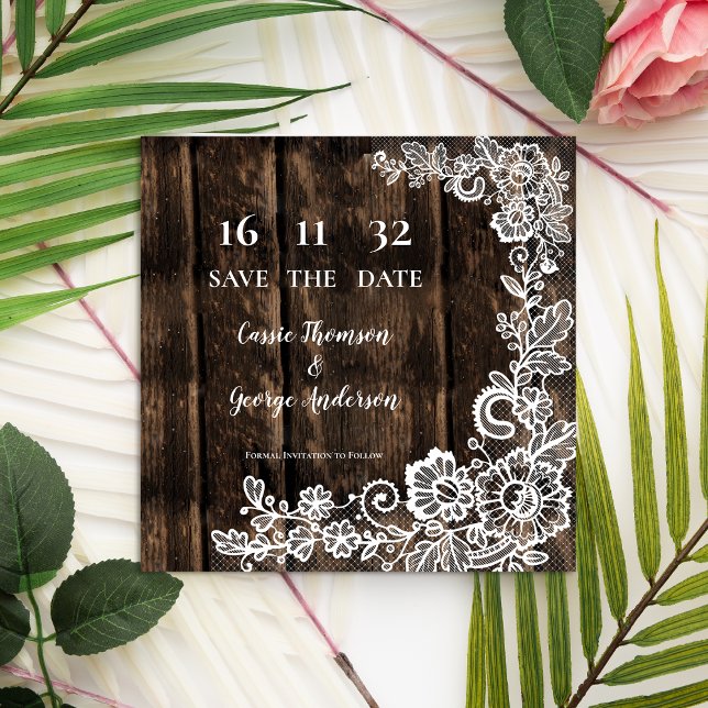 Dentelle de bois rustique Faire-part Mariage (Rustic Wood Lace Floral Wedding Announcement)