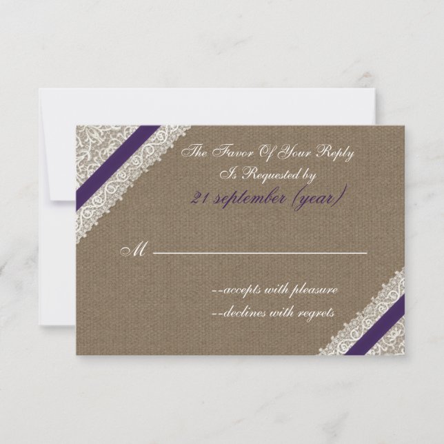Dentelle et burlap FAUX avec rsvp violet 3,5 x 5 (Devant)