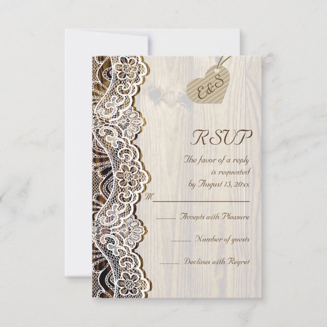 Dentelle et coeur blancs au mariage sur bois RSVP (Devant)