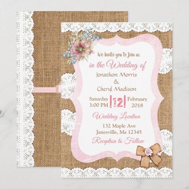 Dentelle et Faire-part de mariage Floral Burlap (Devant / Derrière)