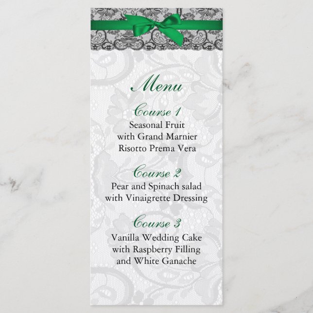Dentelle et ruban émeraude vert mariage Menu (Devant)