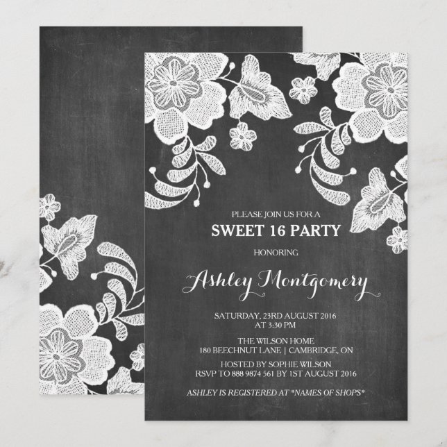 Dentelle florale | Invitation de Sweet sixteen de  (Devant / Derrière)