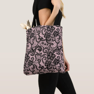 Dentelle noire sur Sac fourre-tout rose pâle