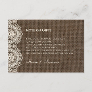 Dentelle philippine sur Burlap Guide Mariage Carte