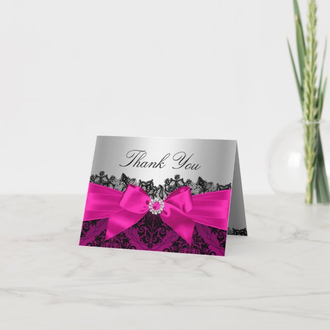 Dentelle rose chaude Damas et Carte de remerciemen (Devant)