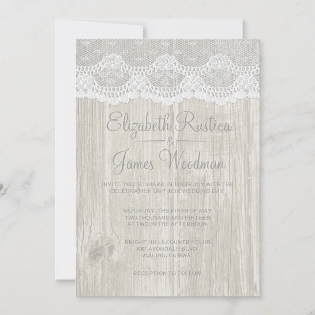 Dentelle Rustique Blanche & Grange Bois Invitation (Devant)