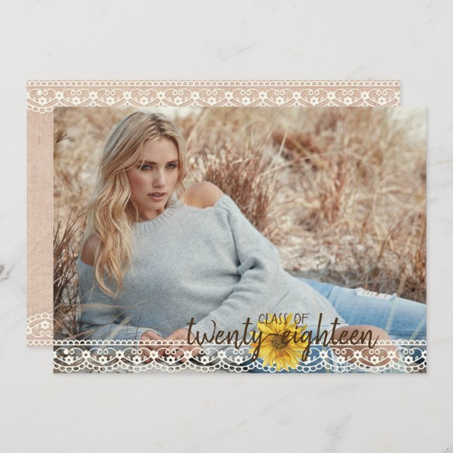 Dentelle rustique & Burlap Sunflower Carte de grad (Devant / Derrière)