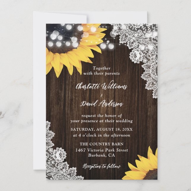 Dentelle rustique Tournesol Invitations de mariage (Devant)