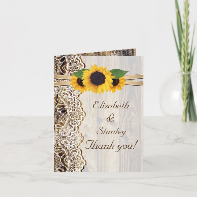 Dentelle, tournesols et bois, mariage, Merci (Devant)