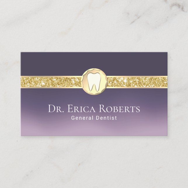 Dentis Modern Gold Tooth Logo Lila Ombre Dental Visitenkarte (Vorderseite)
