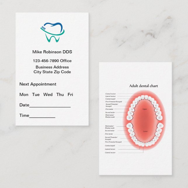 Dentist Appointment And Tooth Chart Busines Visitenkarte (Vorne/Hinten)