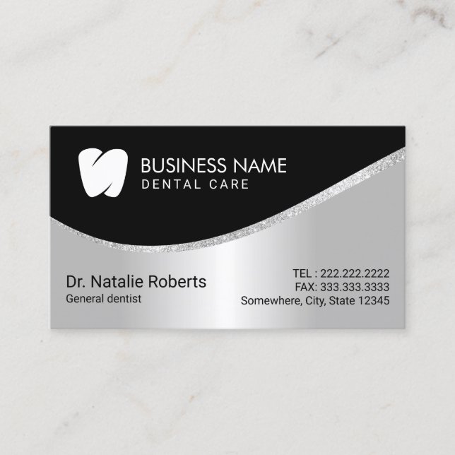 Dentist Modern Tooth Logo Silver Dental Care Terminkarte (Vorderseite)
