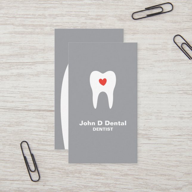dentiste dentaire gris dent et coeur carte de visi (Devant/Arrière en situation)