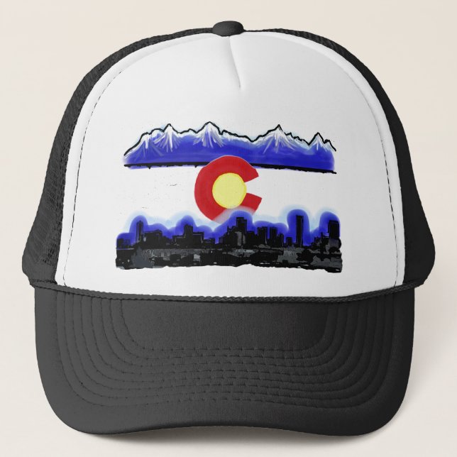 Denver Colorado Skyline Moderne Flagge Truckerkappe (Vorderseite)
