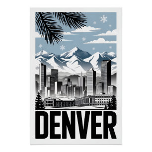 Denver Colorado Skyline Schwarz Weiß Holzschnitt Poster