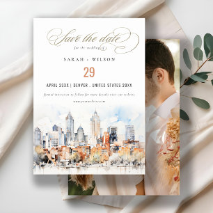 Denver Colorado Skyline Watercolor Wedding Foto Save The Date