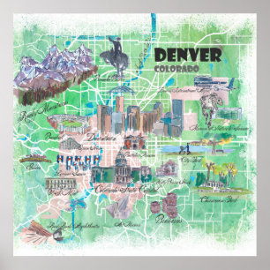 Denver Colorado USA Illustrierte Karte mit Hauptst Poster