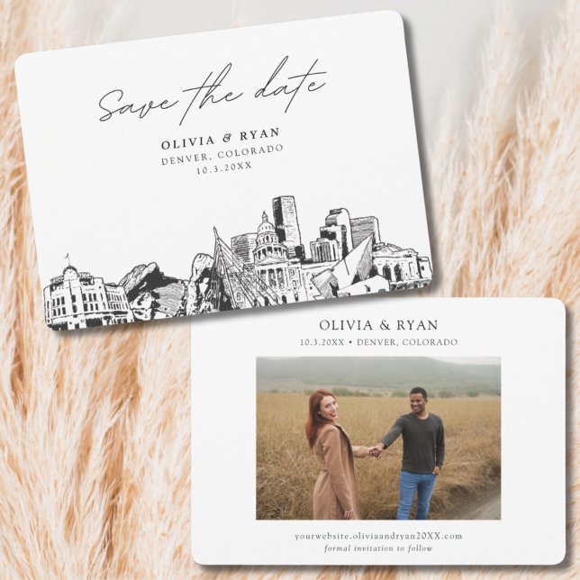 Denver Wedding Modern Save the Date Einladung (Denver Wedding Save the Date with Engagement photo)