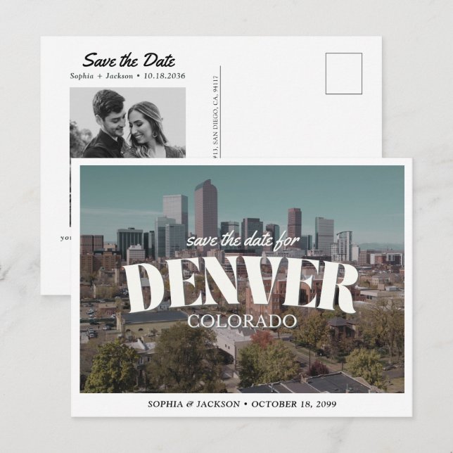 Denver Wedding Save the Date Retro Destination Postkarte (Vorne/Hinten)