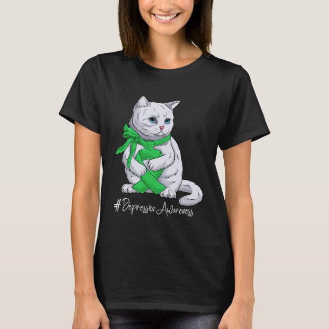 Depression Awareness Month Green Ribbon Cat T-Shirt (Vorderseite)