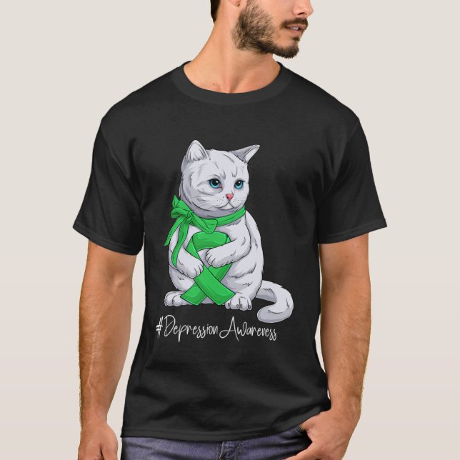 Depression Awareness Month Green Ribbon Cat T-Shirt (Vorderseite)
