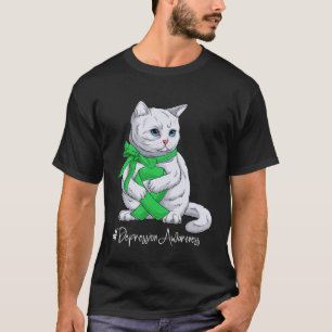 Depressionsbewusstseinsmonat Grüne Schleife Katze T-Shirt